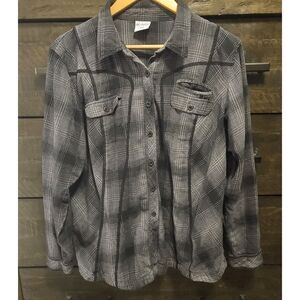 Columbia Womens 1X Plus Gray Black Plaid Western Flannel Button Up Shirt Cotton